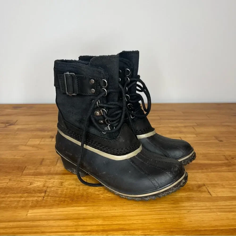 Sorel Fancy Lace Black Leather Lace Up Winter Duck Boots Size 6